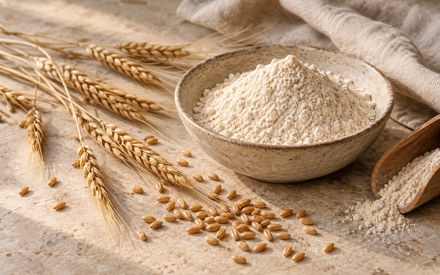 Einkorn flour, grains and ears on an artisan worktable