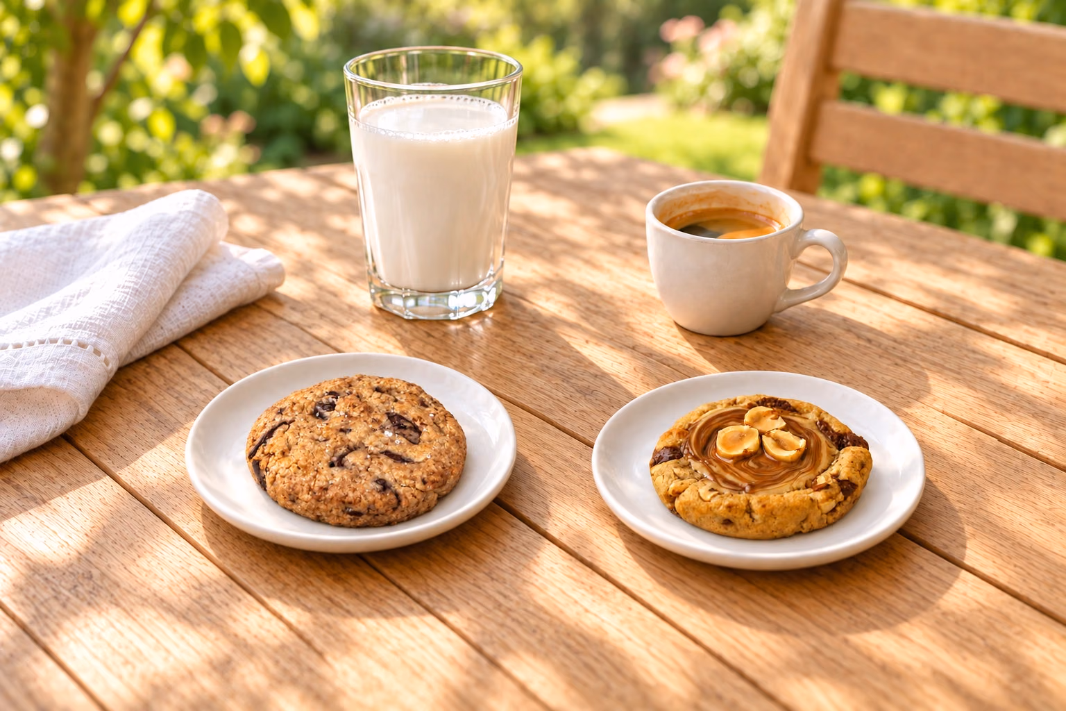 Néory et Nutséa dans deux petites assiettes sur une table de jardin, avec un verre de lait et un café