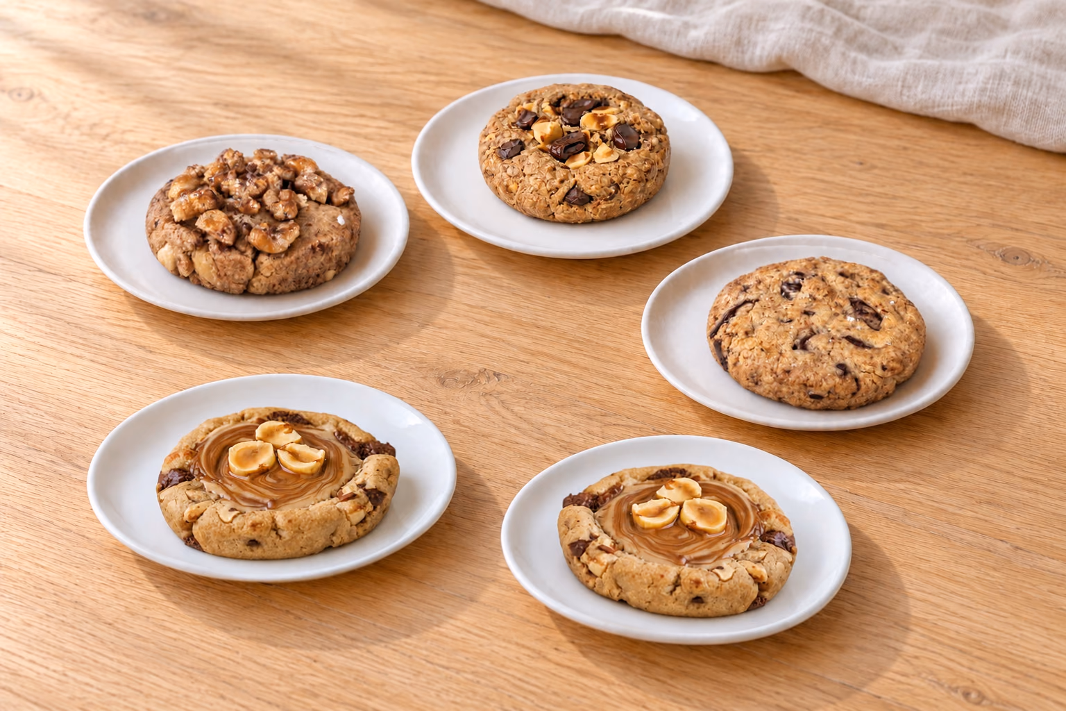 Cinq cookies Opaléia avec leurs assiettes originales, mis en scène sur une table en bois clair