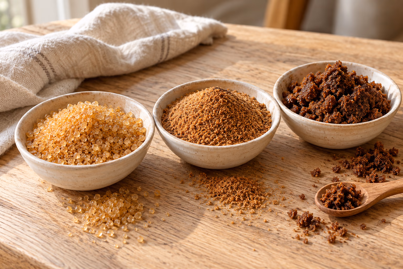 Cassonade dorée, sucre de coco et vergeoise brune dans trois bols en céramique, sur une table en bois clair et en lin