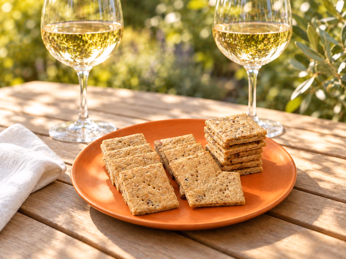 Biscuits salés sur une table de jardin, accompagnés de deux verres de vin blanc