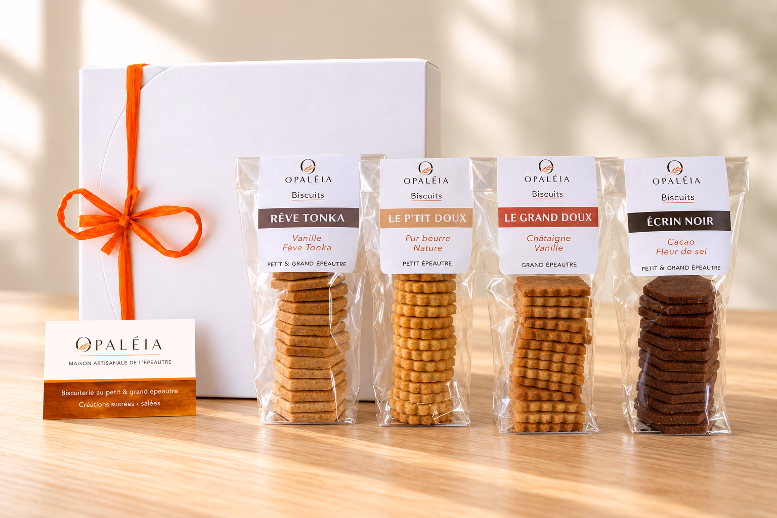 Coffret sucré Opaléia : 1 sachet Le P’tit Doux, 1 sachet Le Grand Doux, 1 sachet Écrin Noir, 1 sachet Rêve Tonka