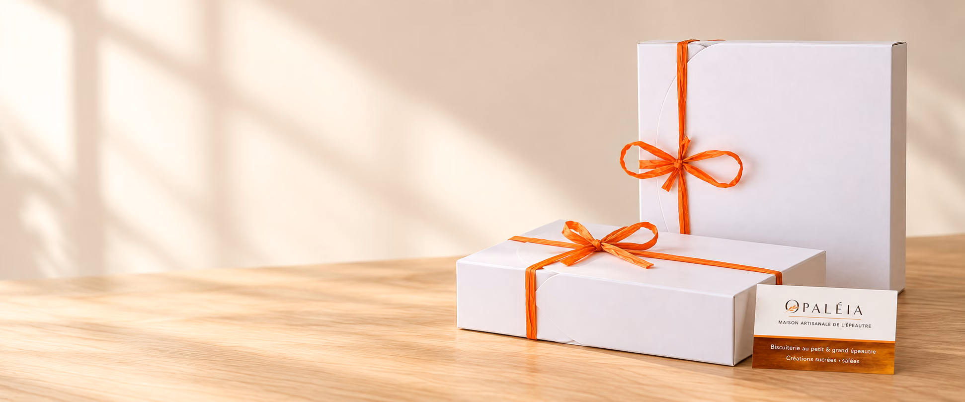 Deux coffrets Opaléia fermés, avec leur lien de raphia orange, sur une table en bois clair