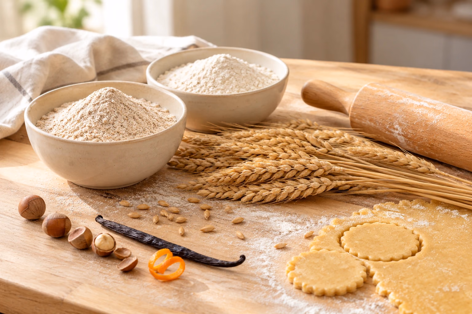 Épeautre, farines et ingrédients de pâtisserie sur un plan de travail