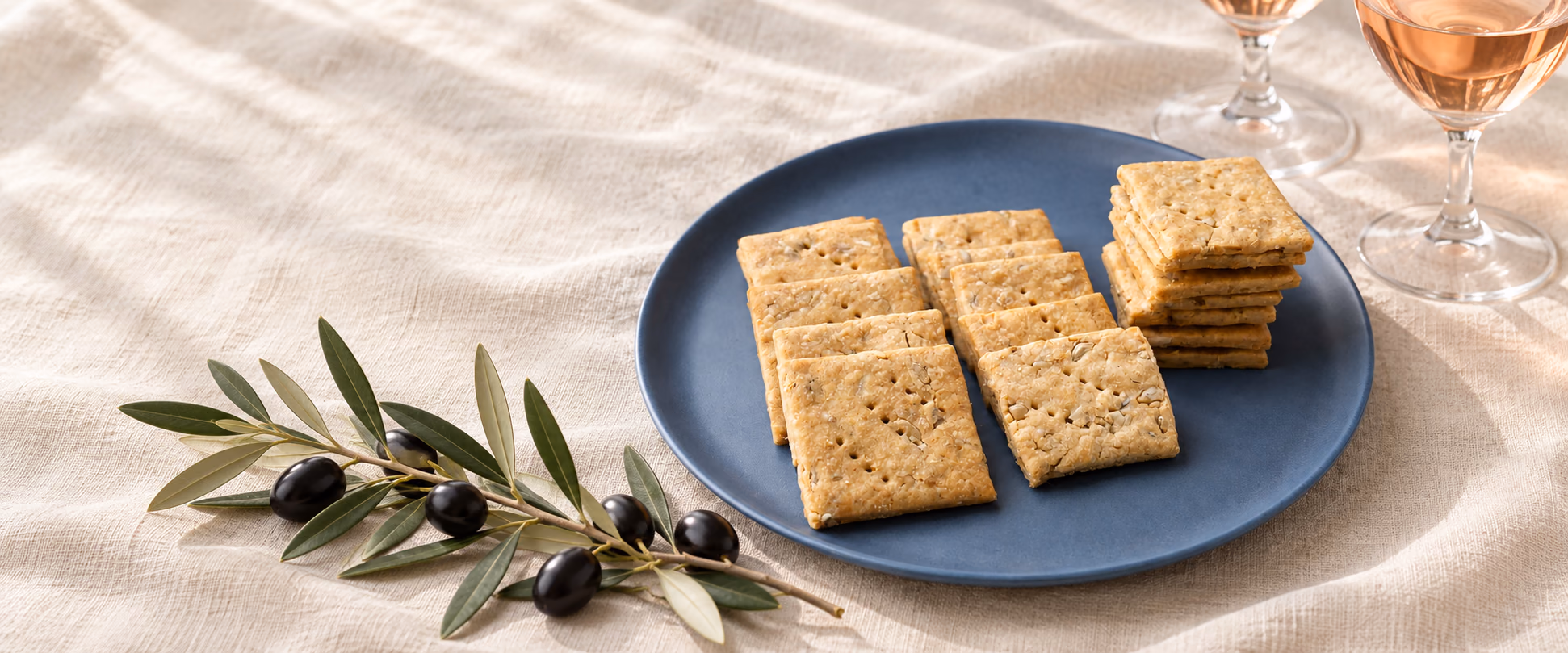 Biscuits salés sur leur assiette bleue, deux verres de rosé et une branche d’olivier portant des olives noires sur une nappe en lin
