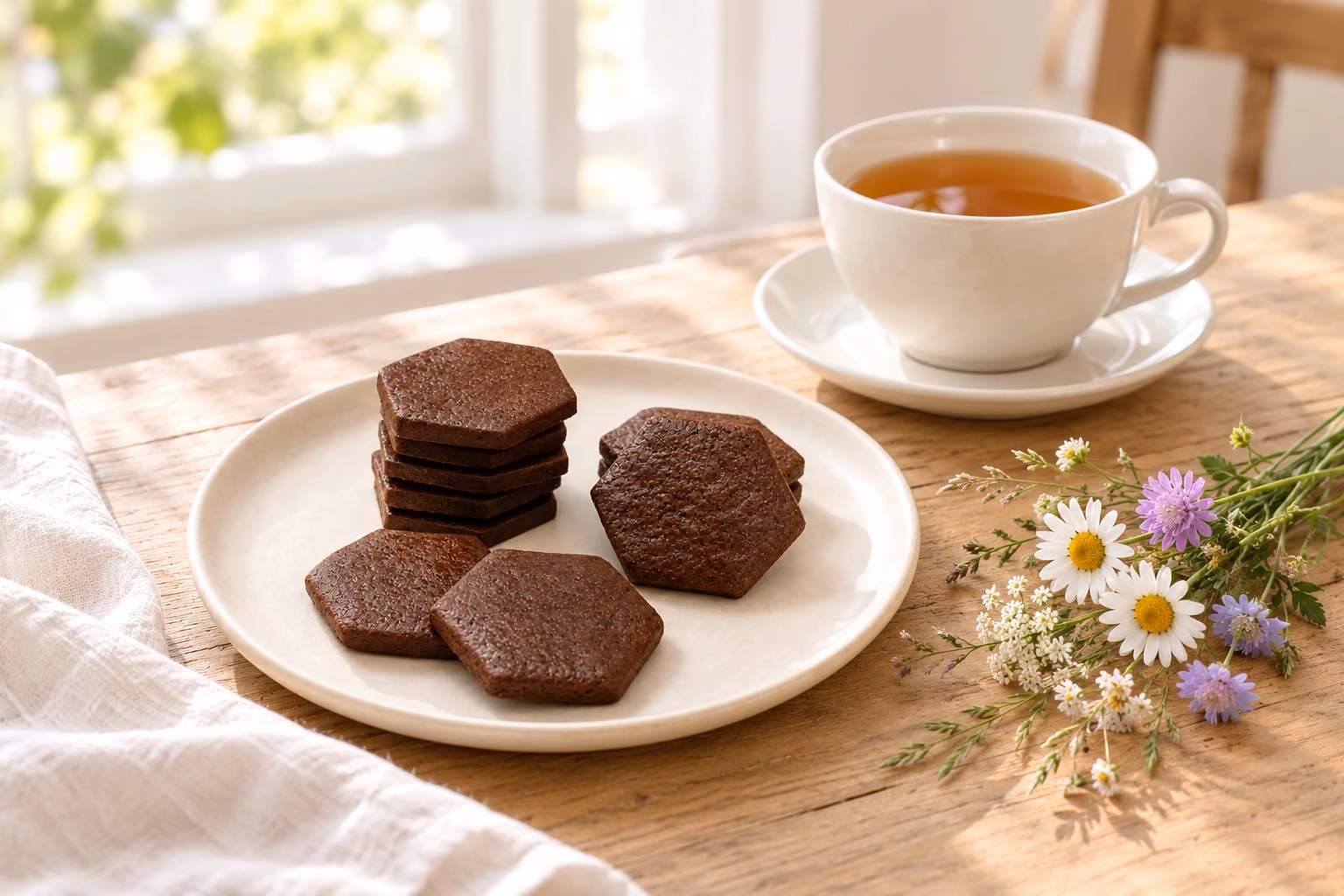 Sablés Écrin Noir avec une tasse de thé et un petit bouquet de fleurs des champs posé sur la table