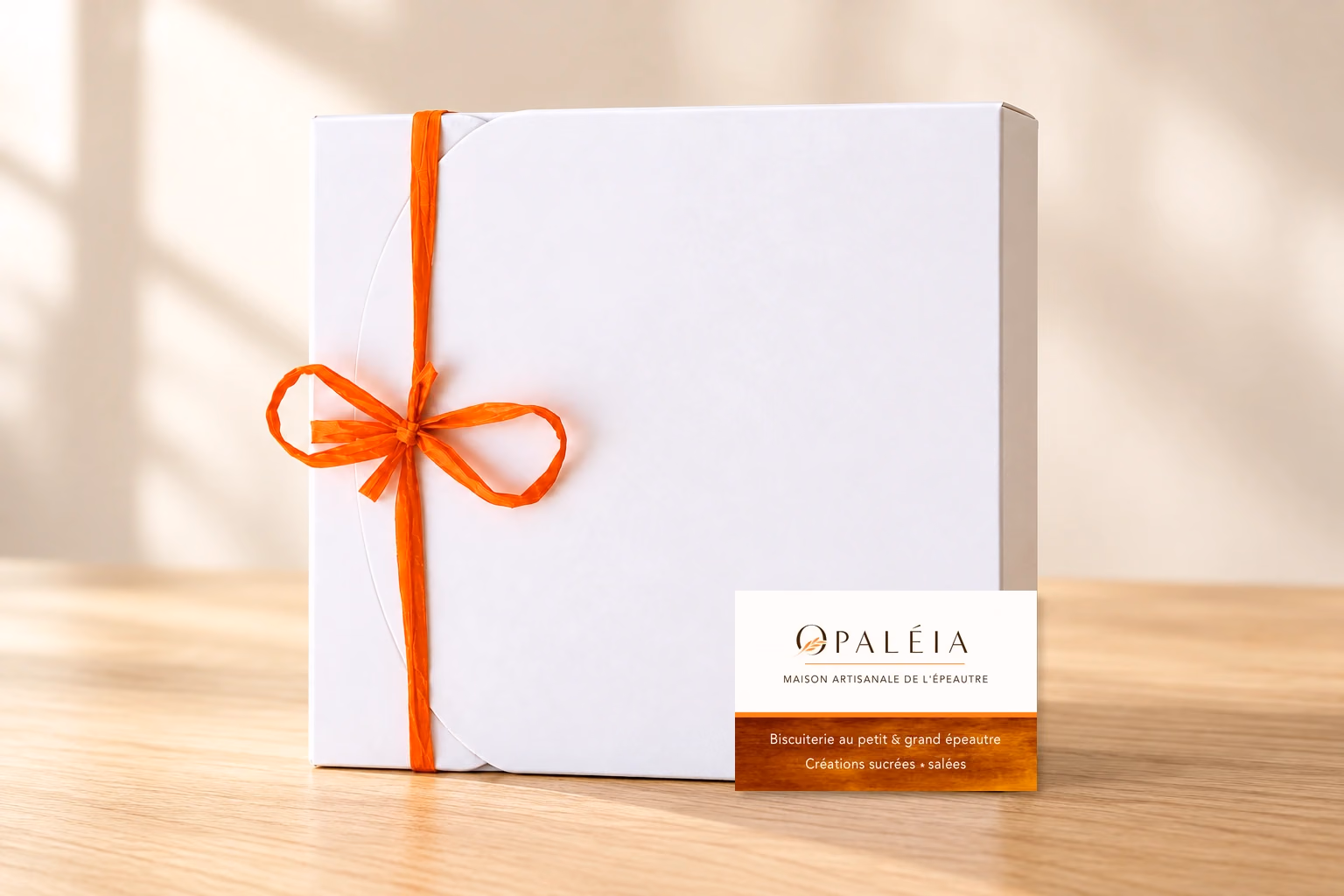 Coffret Opaléia fermé et debout, ruban orange à gauche et carte de visite posée devant