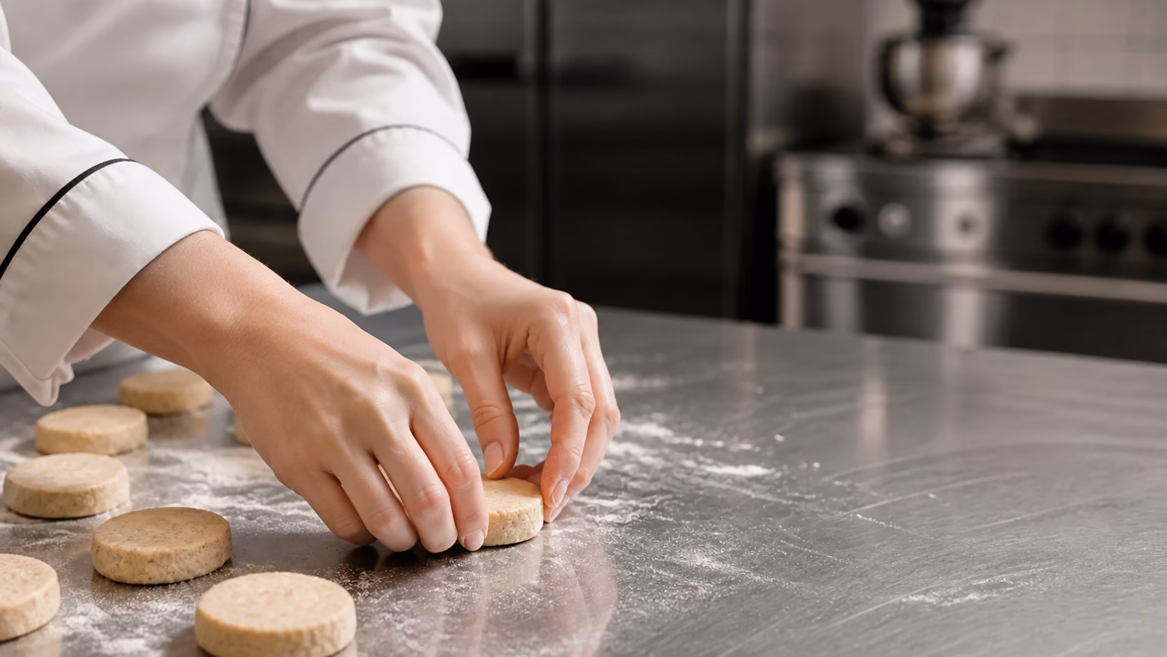 Des mains façonnent des biscuits sur un plan de travail en inox dans l’atelier