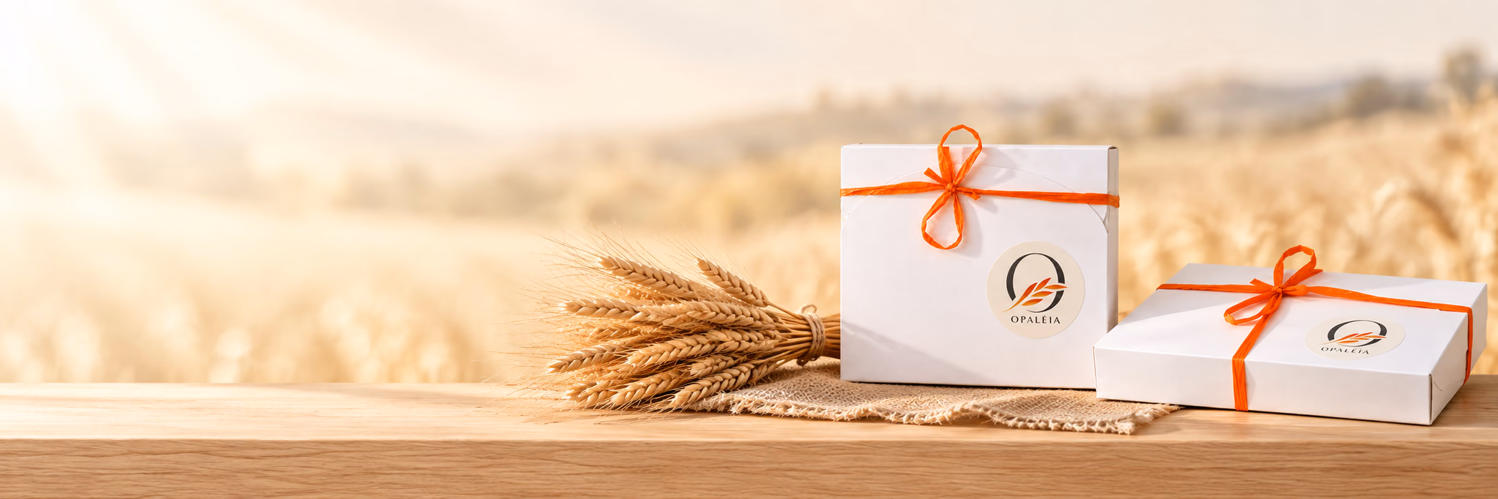 Des coffrets Opaléia fermés aux rubans orange, accompagnés d’épis d’épeautre et de jute sur une étagère en bois clair