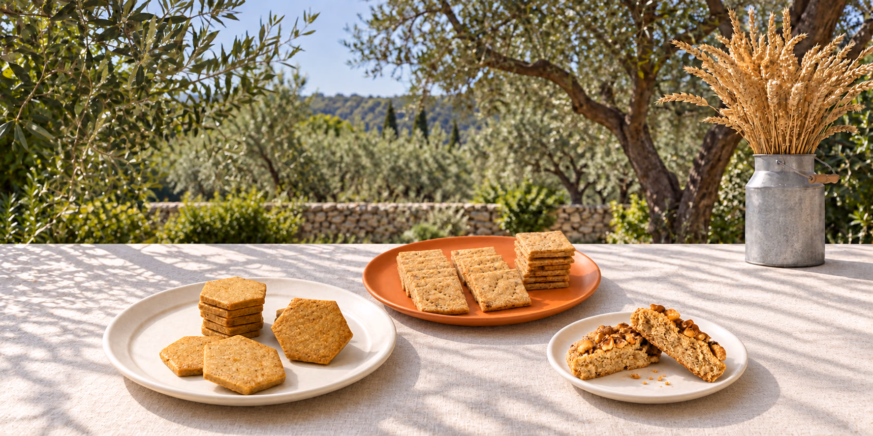 Biscuits hexagonaux, biscuits salés et cookie Nosetti ouvert sur une table en lin, avec une cruche à lait garnie d’épis d’épeautre et des oliviers en arrière-plan
