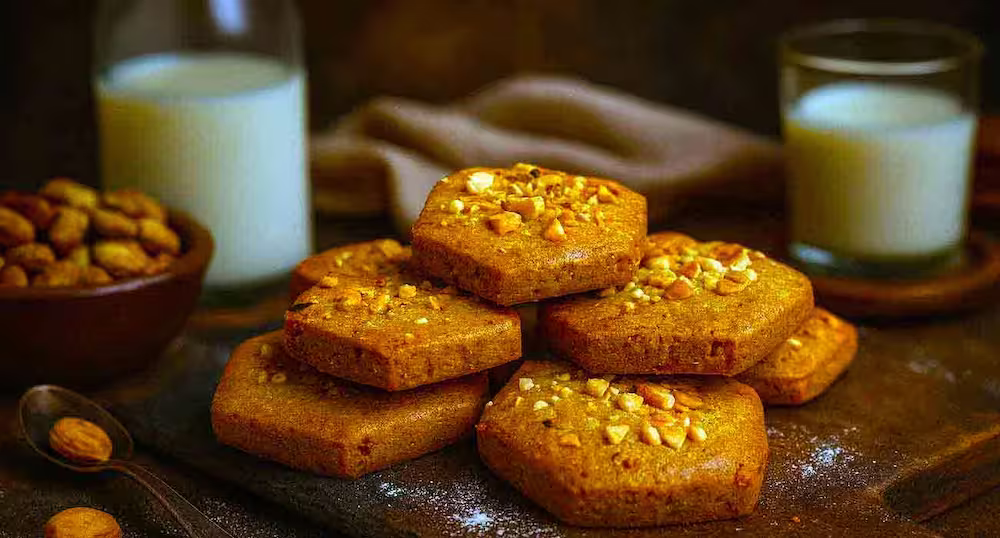 Biscuits artisanaux dorés aux éclats de noisettes, empilés sur planche rustique avec verre de lait en arrière-plan