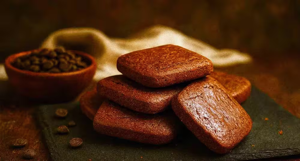 Pile de sablés artisanaux carrés au cacao intense et chocolat Valrhona, présentés sur une ardoise avec un bol de pépites.