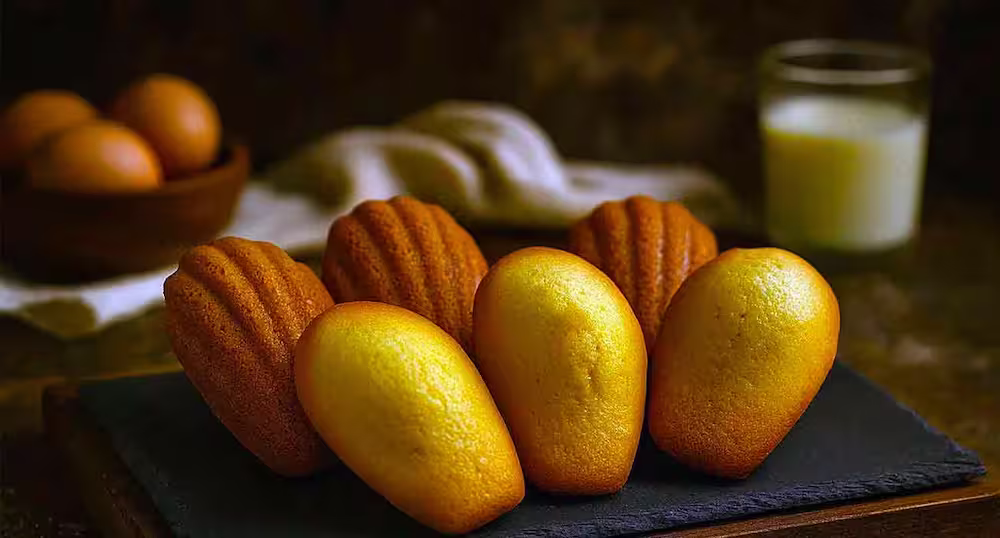 Assortiment de madeleines artisanales dorées, nature et citron, présentées sur ardoise avec verre de lait