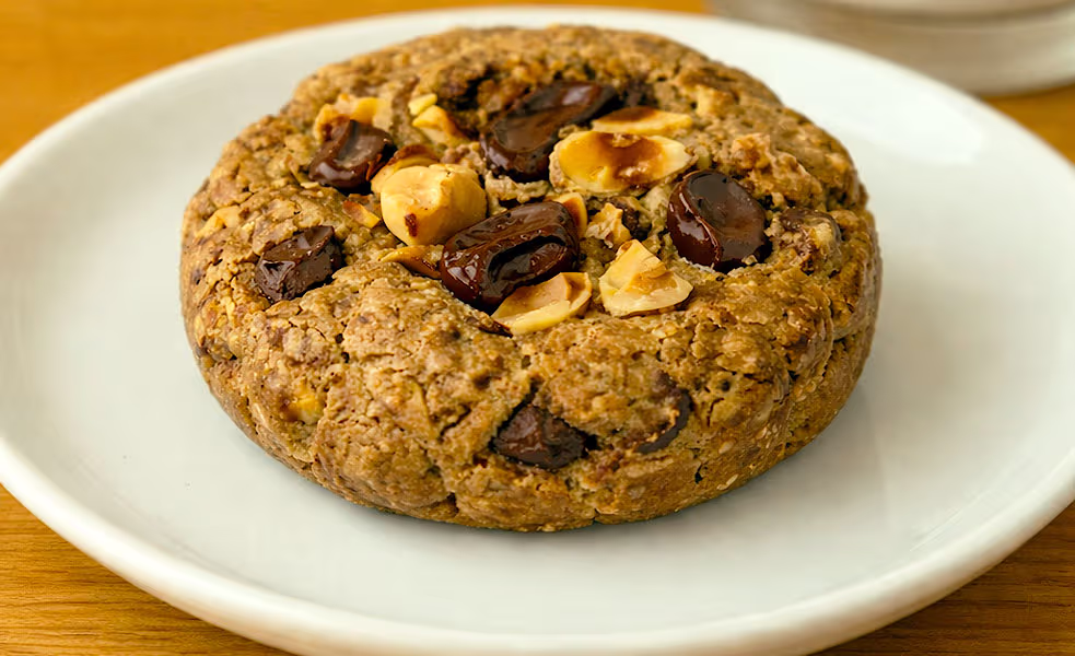 Cookie artisanal Mokao parfumé au café espresso, avec pépites de chocolat noir Illanka Valrhona et noisettes du Piémont IGP caramélisées. Cookie Mokao : Café, Chocolat Noir Valrhona & Noisette - Opaleia