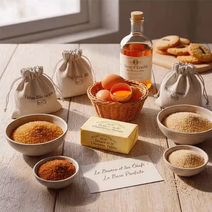 Ingrédients de qualité pour biscuits artisanaux Ingrédients de biscuiterie artisanale : beurre AOP Charentes-Poitou, œufs frais, farines bio, sucre de canne et sirop d’érable, disposés sur table en bois