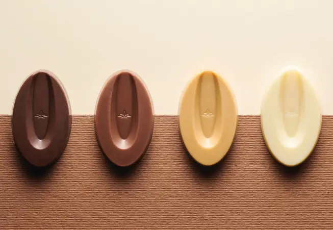 Chocolats Valrhona – noir, lait, Dulcey et blanc Chocolats Valrhona en quatre teintes : noir, lait, blond Dulcey et blanc, utilisés en biscuiterie artisanale