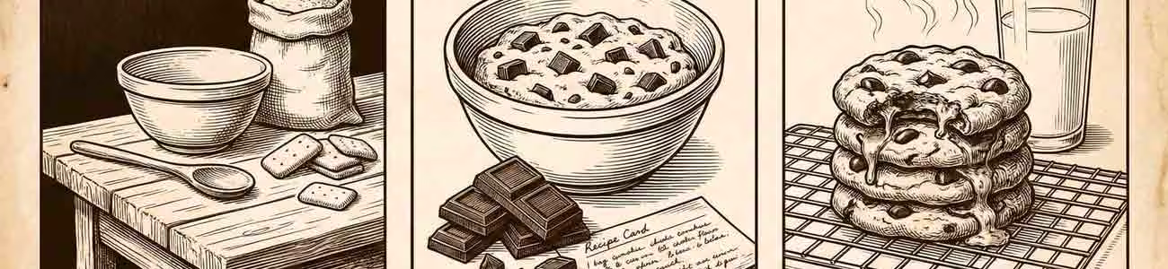 Bannière illustrant l'évolution historique du cookie Histoire du cookie : du koekje simple à l'invention du Toll House en 1938 et au cookie gourmand moderne