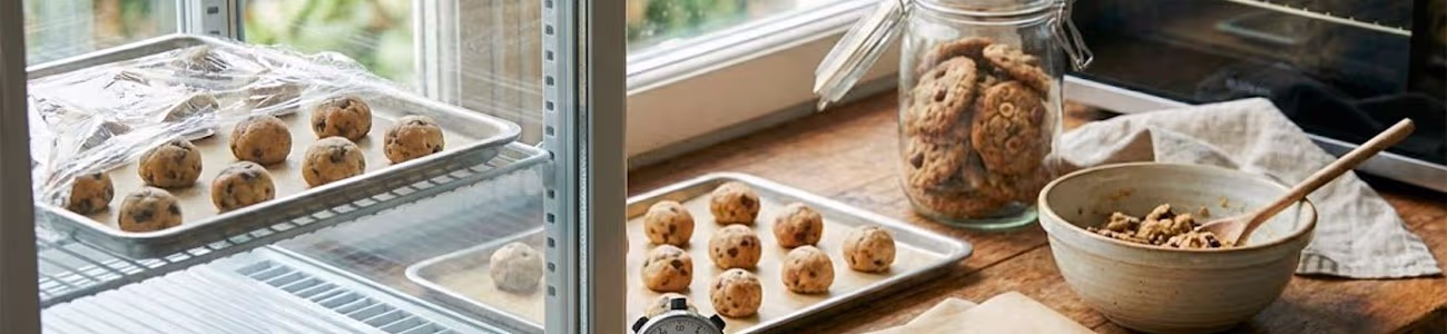 Repos pâte à cookies : durée idéale pour texture et tenue Pâte à cookies au réfrigérateur dans un bol, prête à reposer au froid