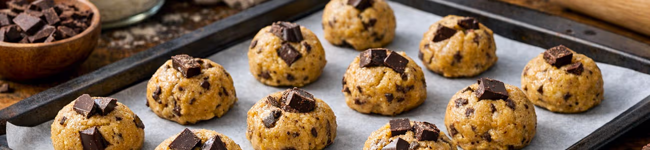 Boules de pâte à cookies prêtes à congeler sur plaque, avec éclats de chocolat