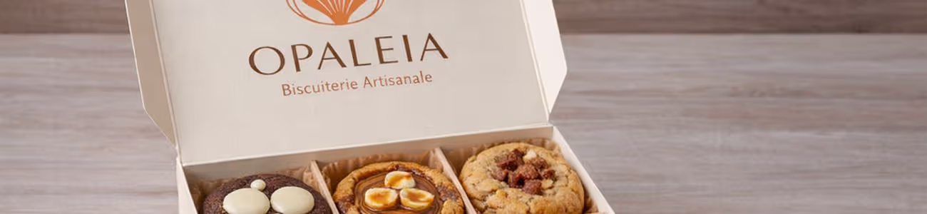 Cookies artisanaux Opaléia : notre coffret dégustation signature. Coffret de 6 cookies artisanaux Opaléia : assortiment de recettes gourmandes au chocolat Valrhona, noisettes et caramel, prêt pour la vente en ligne.
