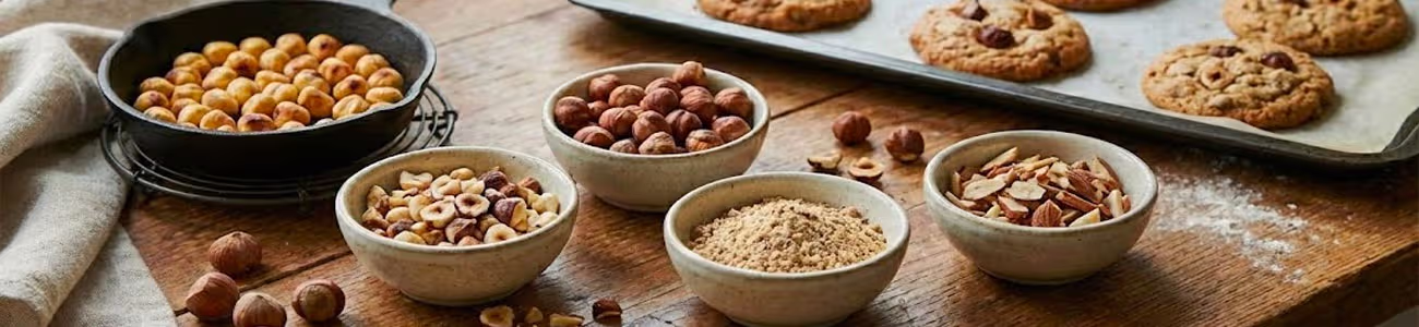 Fruits secs : torréfaction et coupe pour booster le goût des biscuits Noisettes, amandes et pistaches torréfiées, prêtes pour biscuiterie artisanale