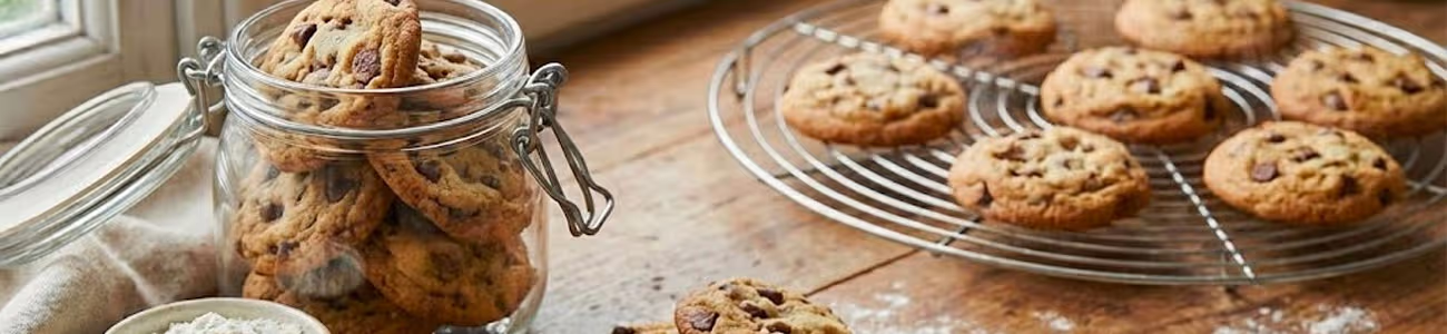 Bien conserver ses cookies : l'astuce de la grille de refroidissement Cookies dorés et moelleux disposés sur une grille de pâtisserie pour éviter la condensation avant le stockage.